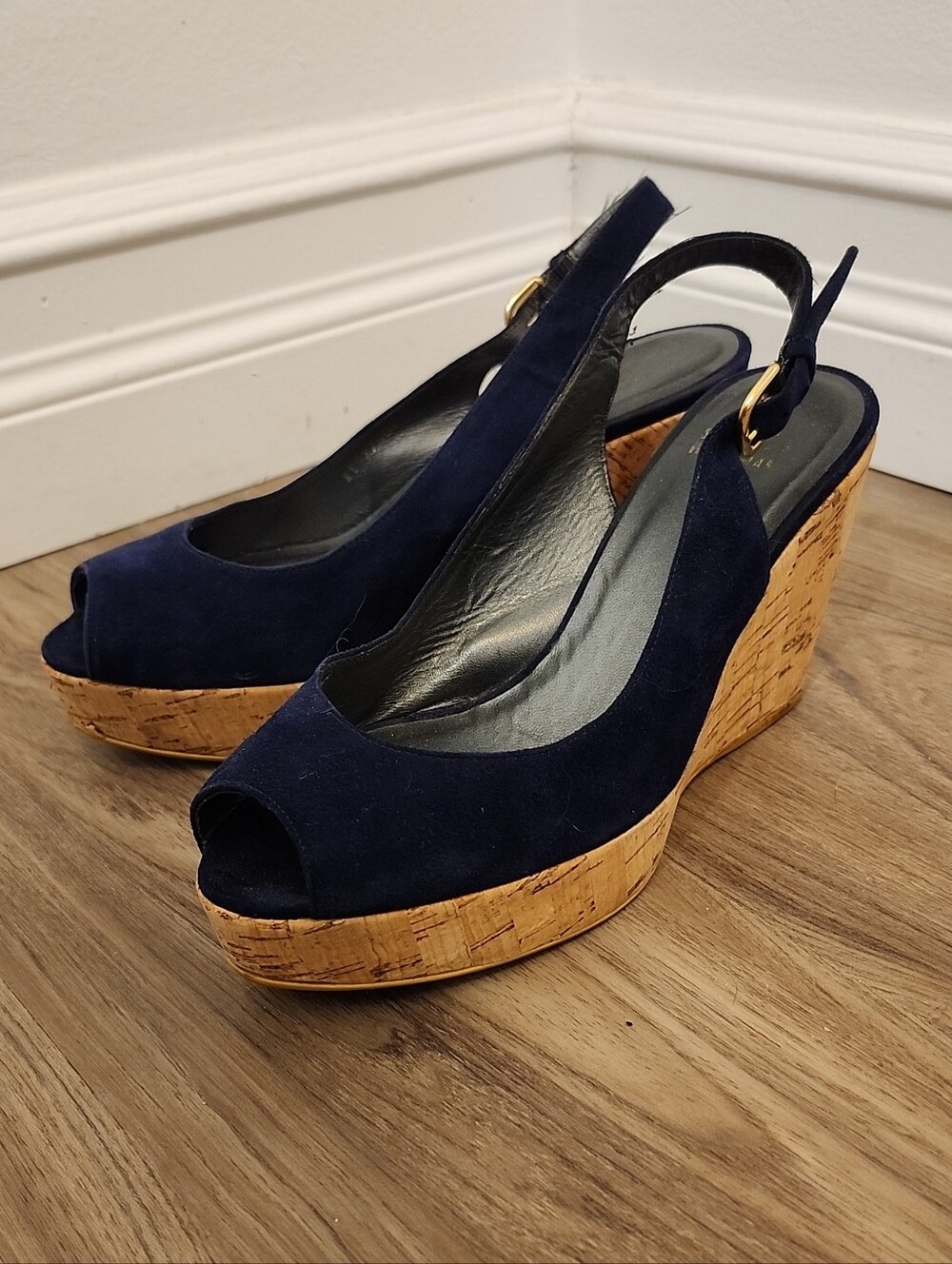 Stuart Weitzman Navy Suede Peep-Toe Cork Wedge "Jean" Slingbacks